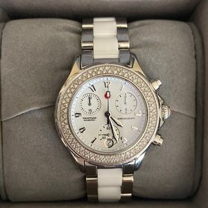 Silver and porcelain white Michele watch with diamond bezel